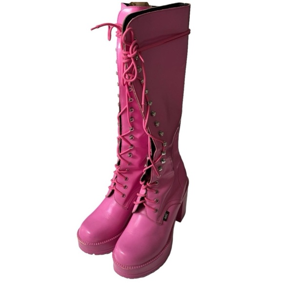 ROC Lash Pink Knee High Combat Platform Lace Up Boots sz40/9 Dolls Kill Hi-Shine - Picture 2 of 5
